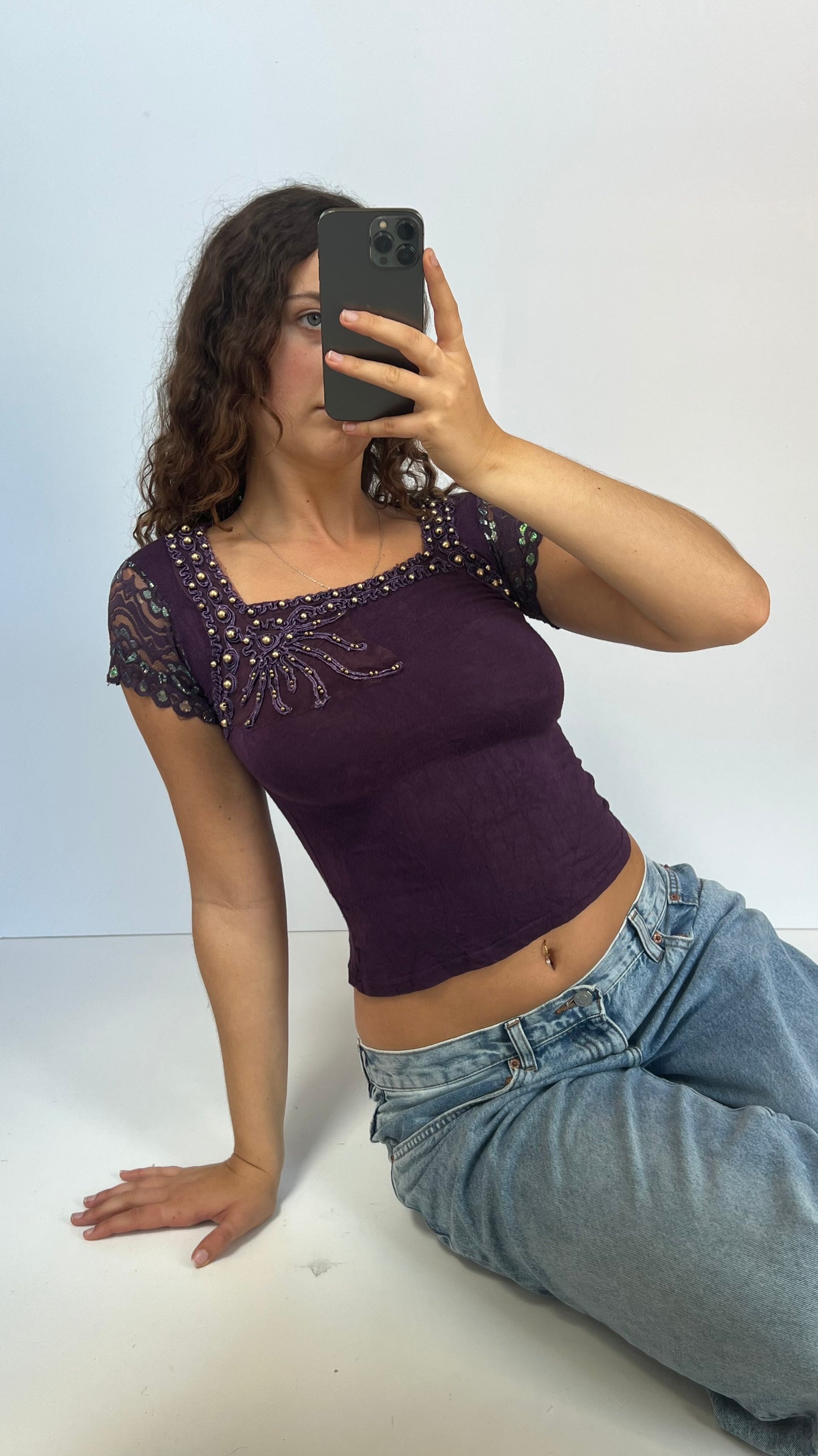 00s purple beaded top- size S