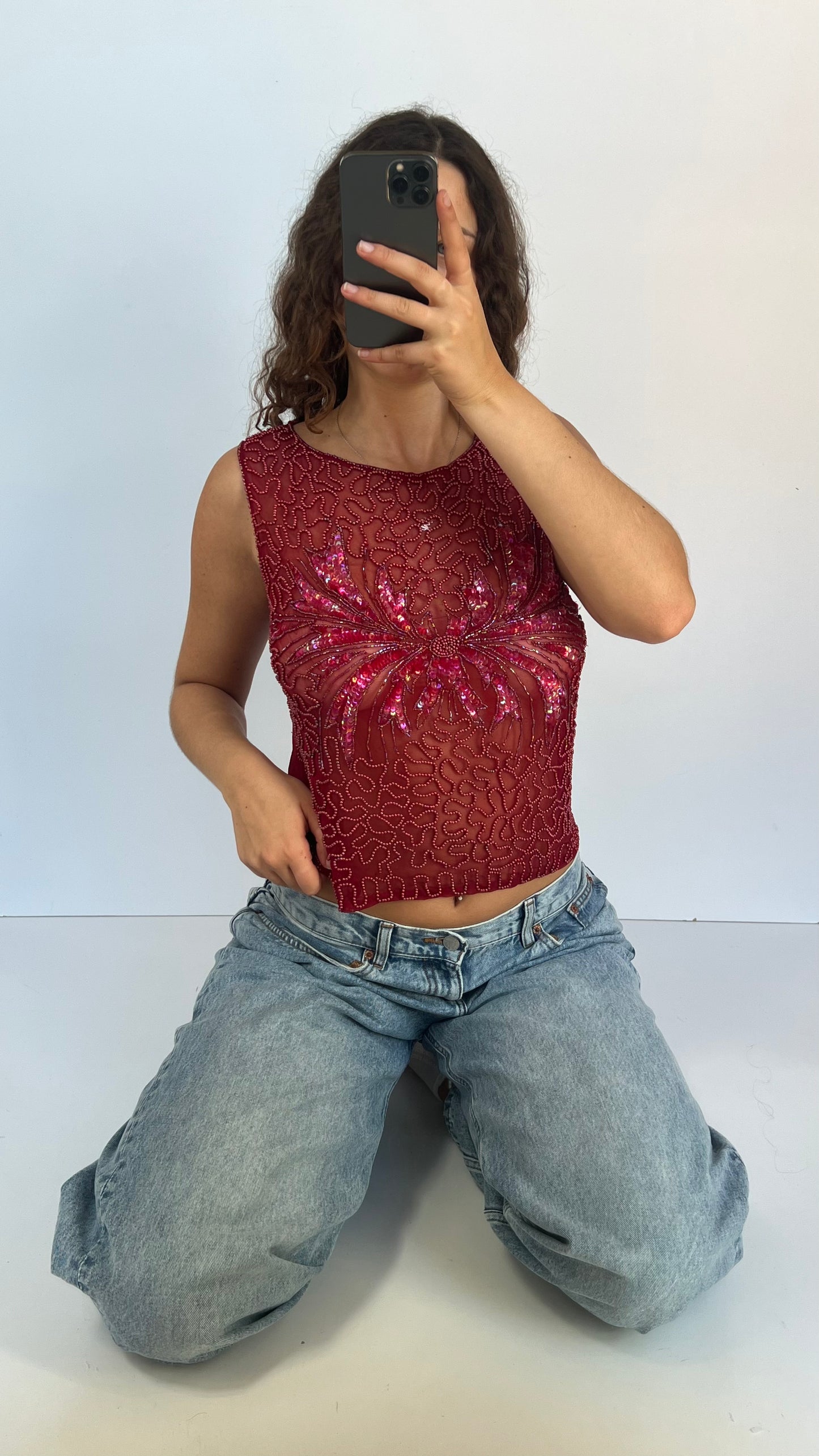 00s red mesh sequin tank top- size L