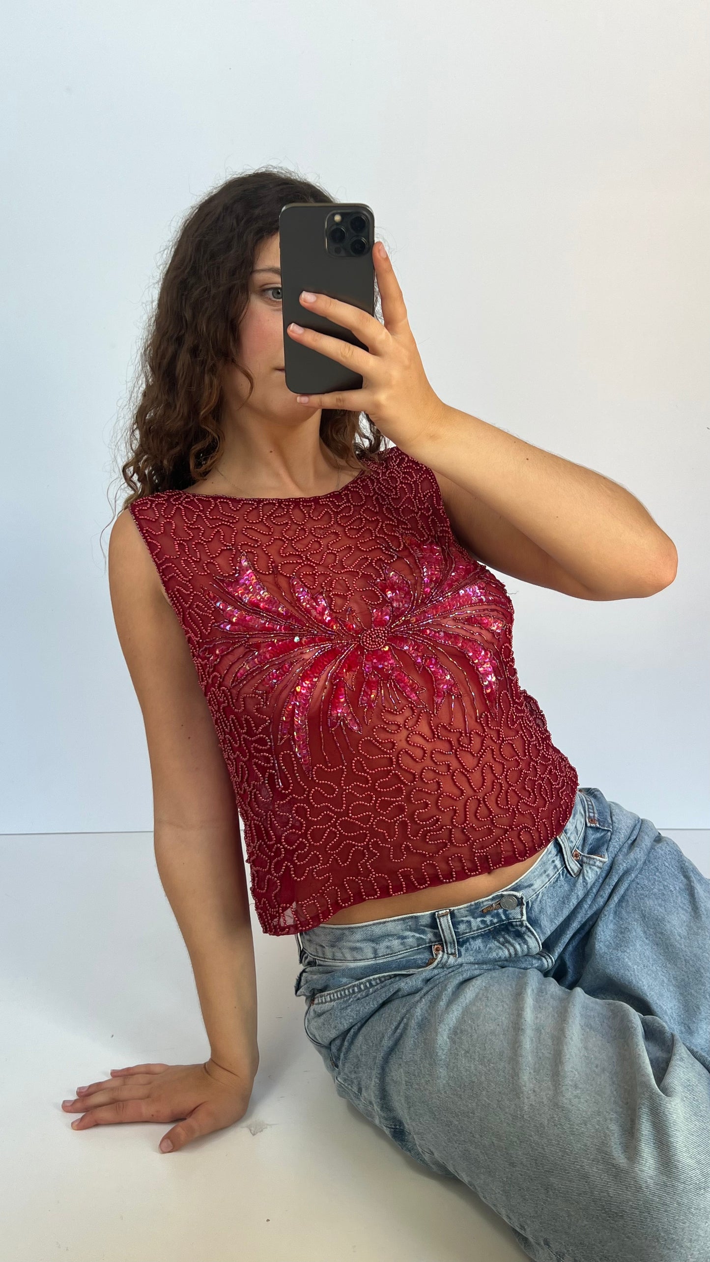 00s red mesh sequin tank top- size L