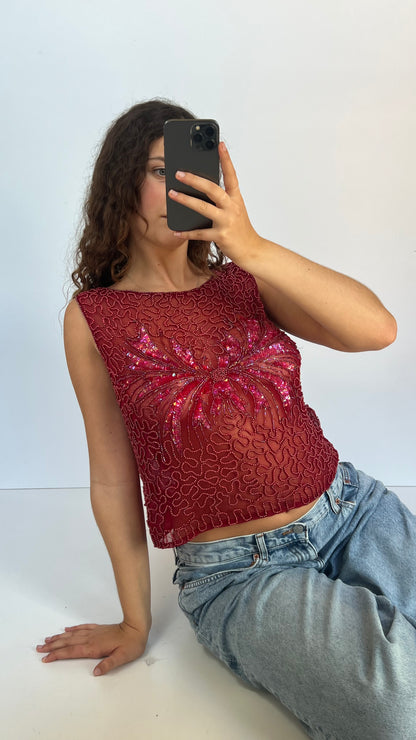 00s red mesh sequin tank top- size L