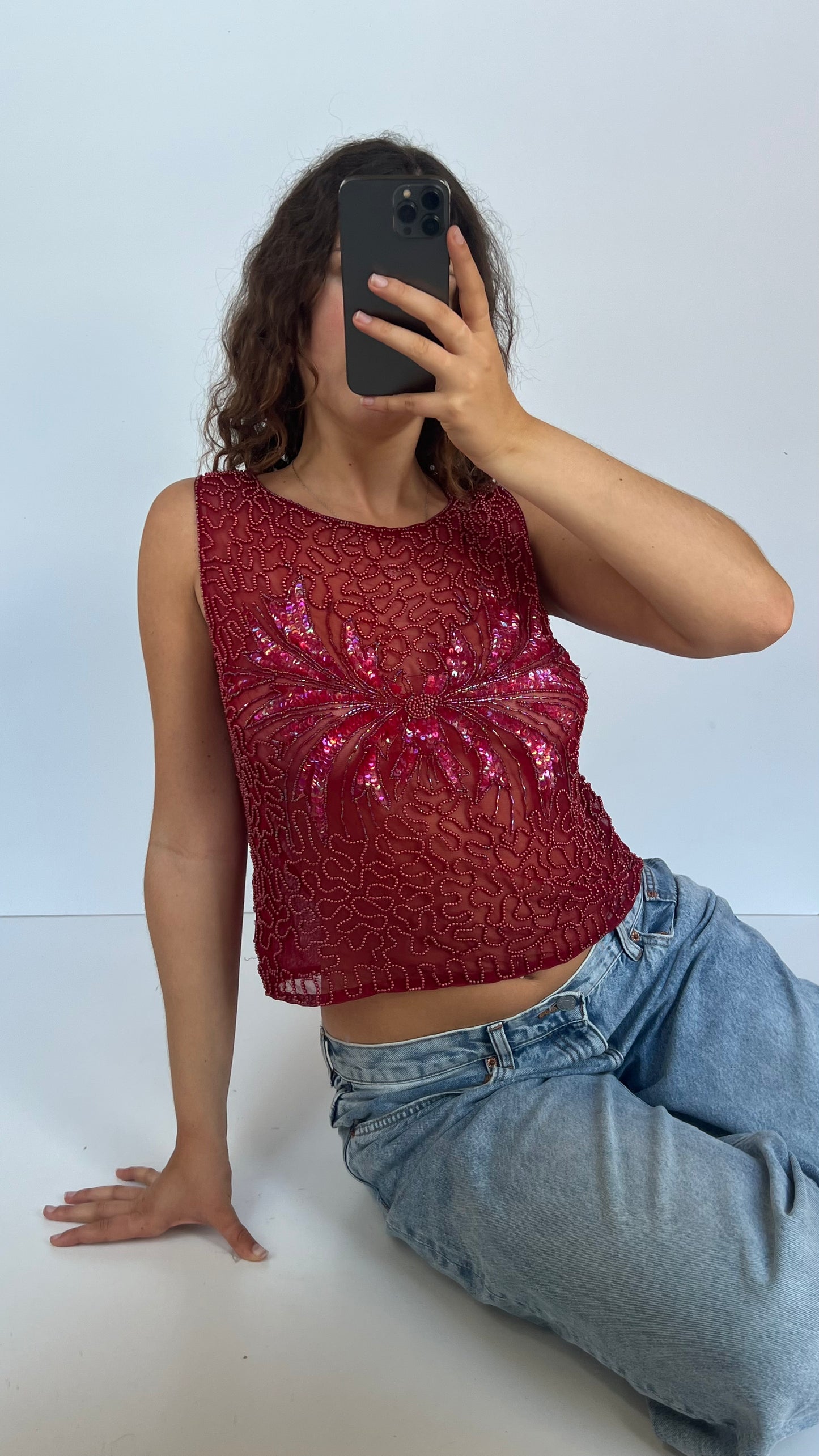 00s red mesh sequin tank top- size L