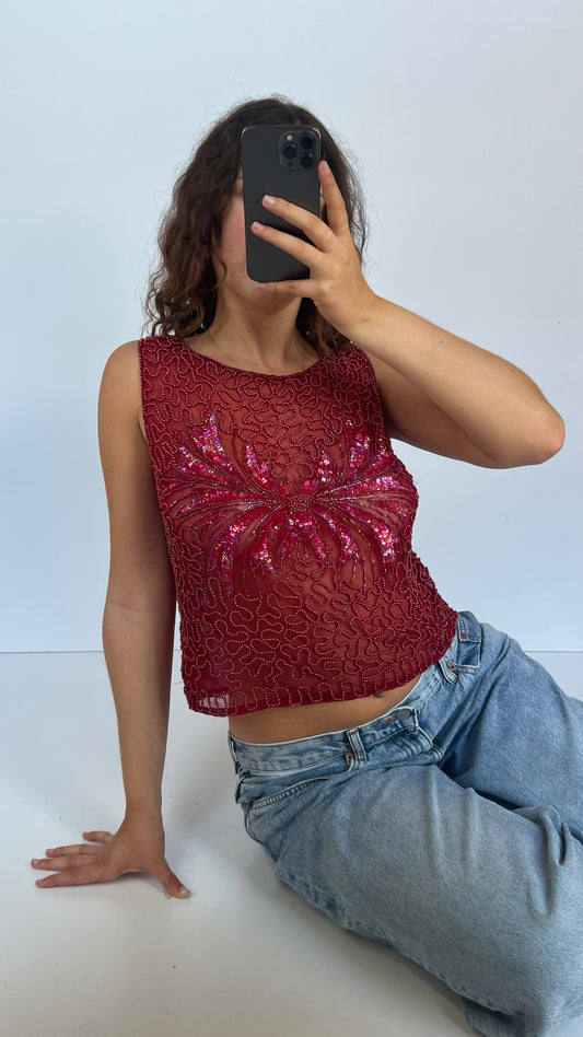 00s red mesh sequin tank top- size L