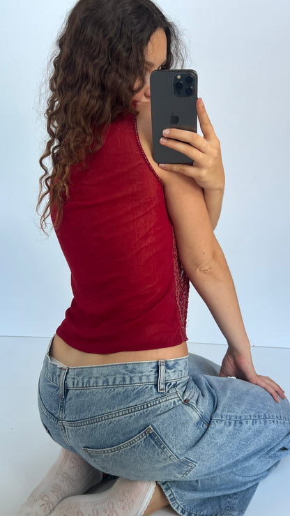 00s red mesh sequin tank top- size L