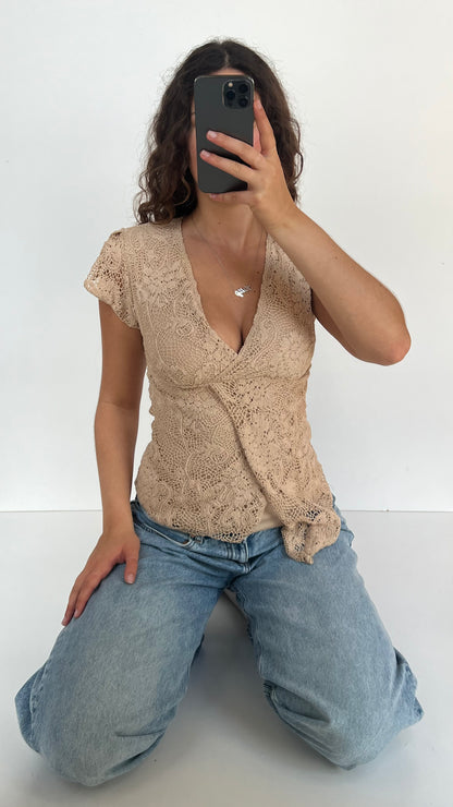 00s beige crochet babydoll top- size S