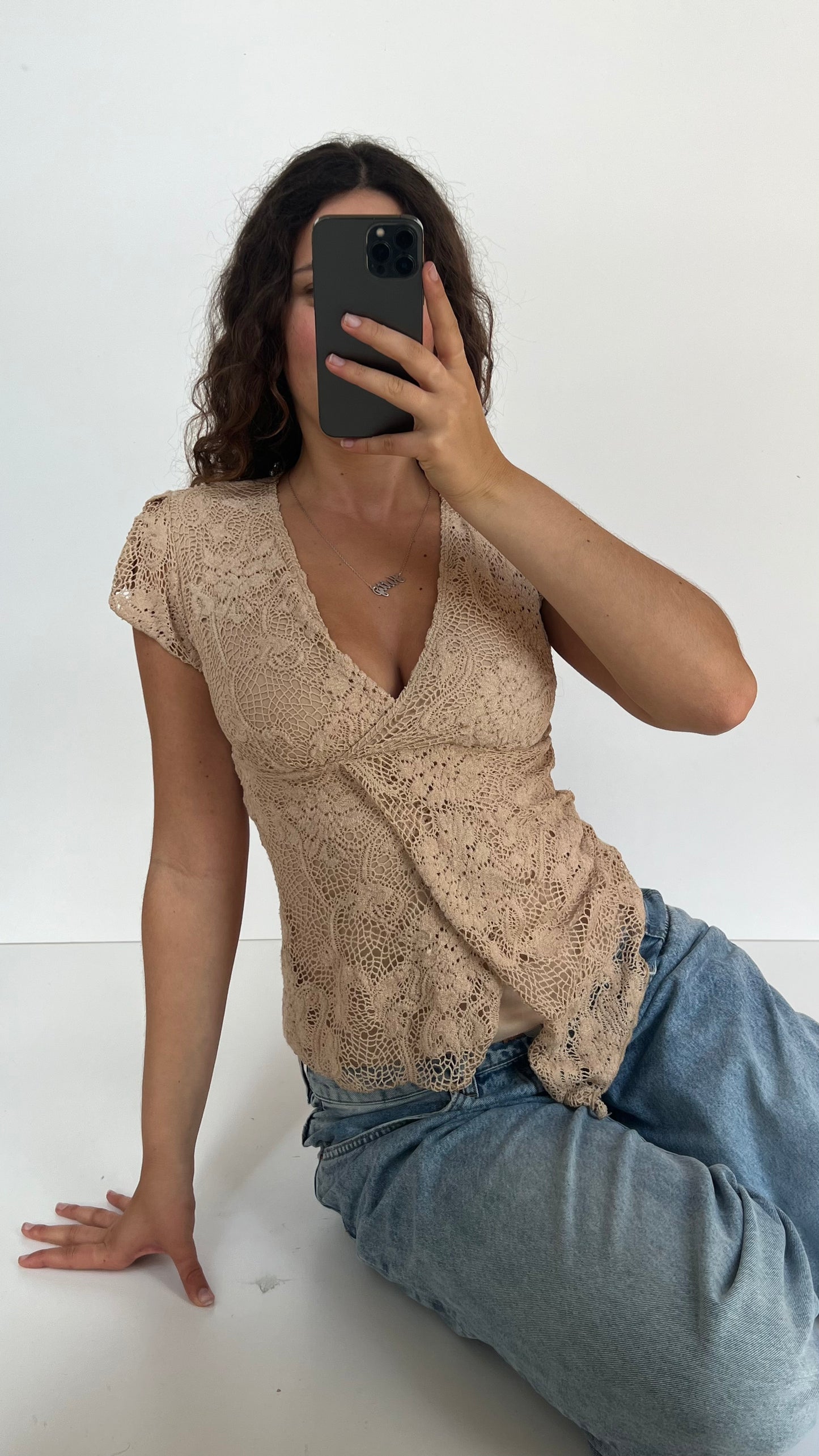 00s beige crochet babydoll top- size S