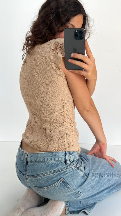 00s beige crochet babydoll top- size S