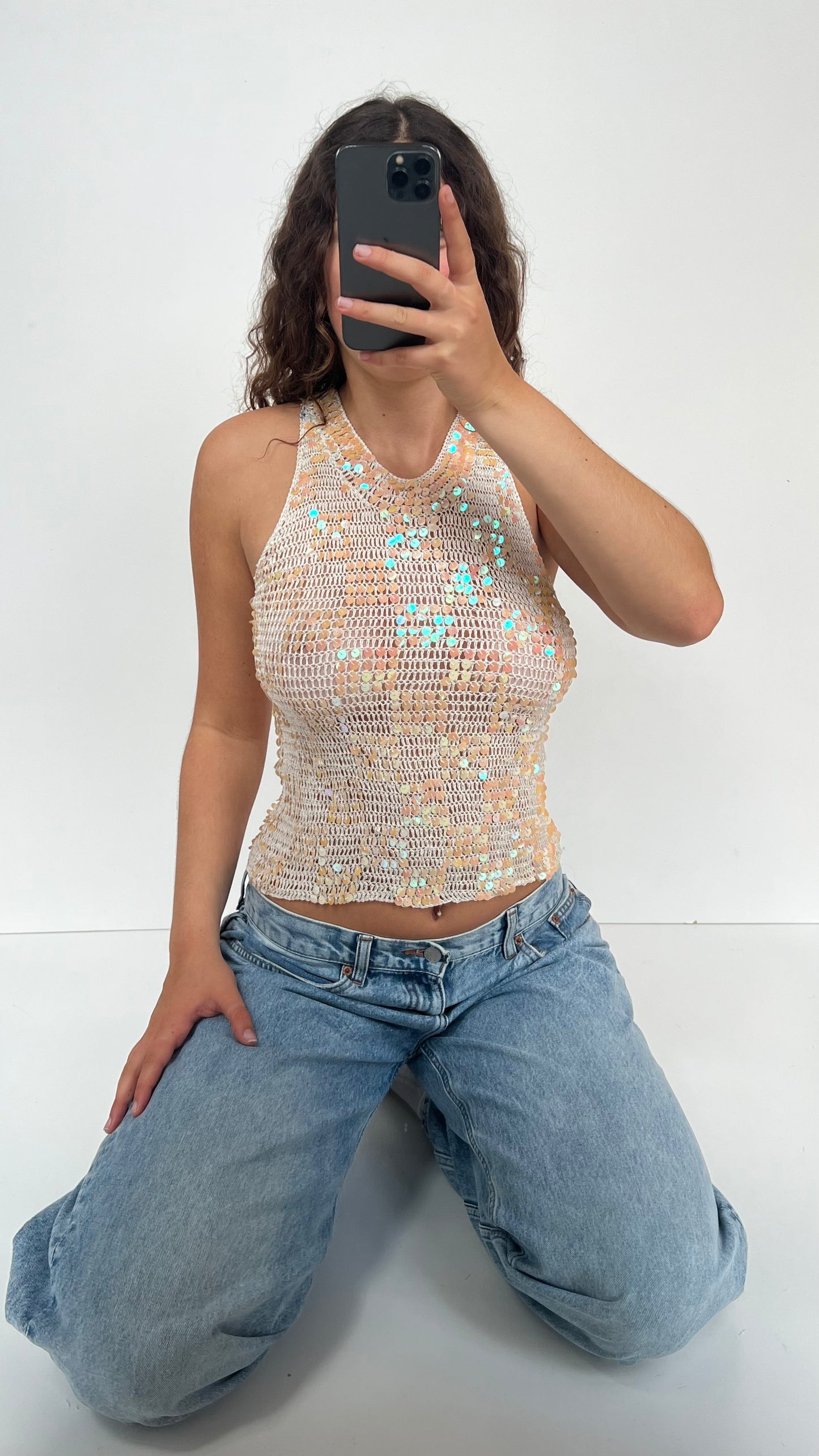 00s white crochet sequin cami- size M