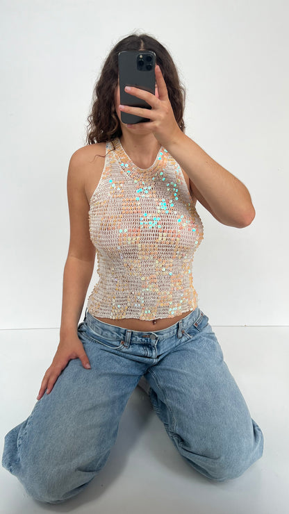 00s white crochet sequin cami- size M