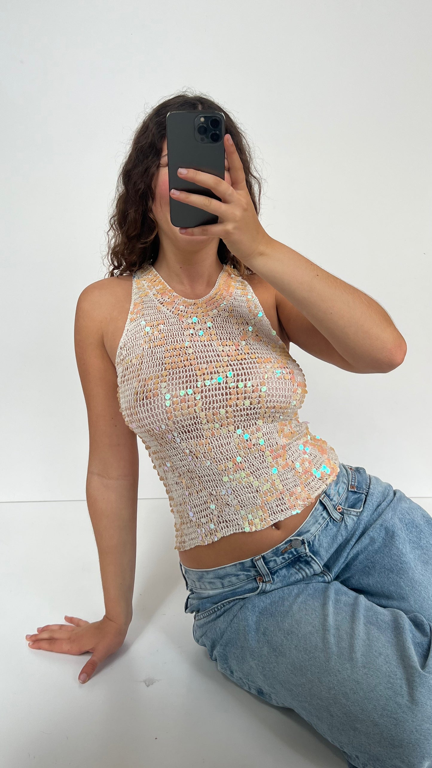 00s white crochet sequin cami- size M
