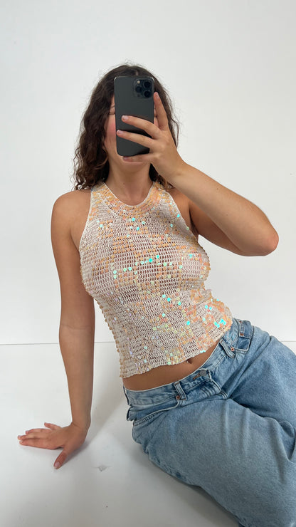 00s white crochet sequin cami- size M