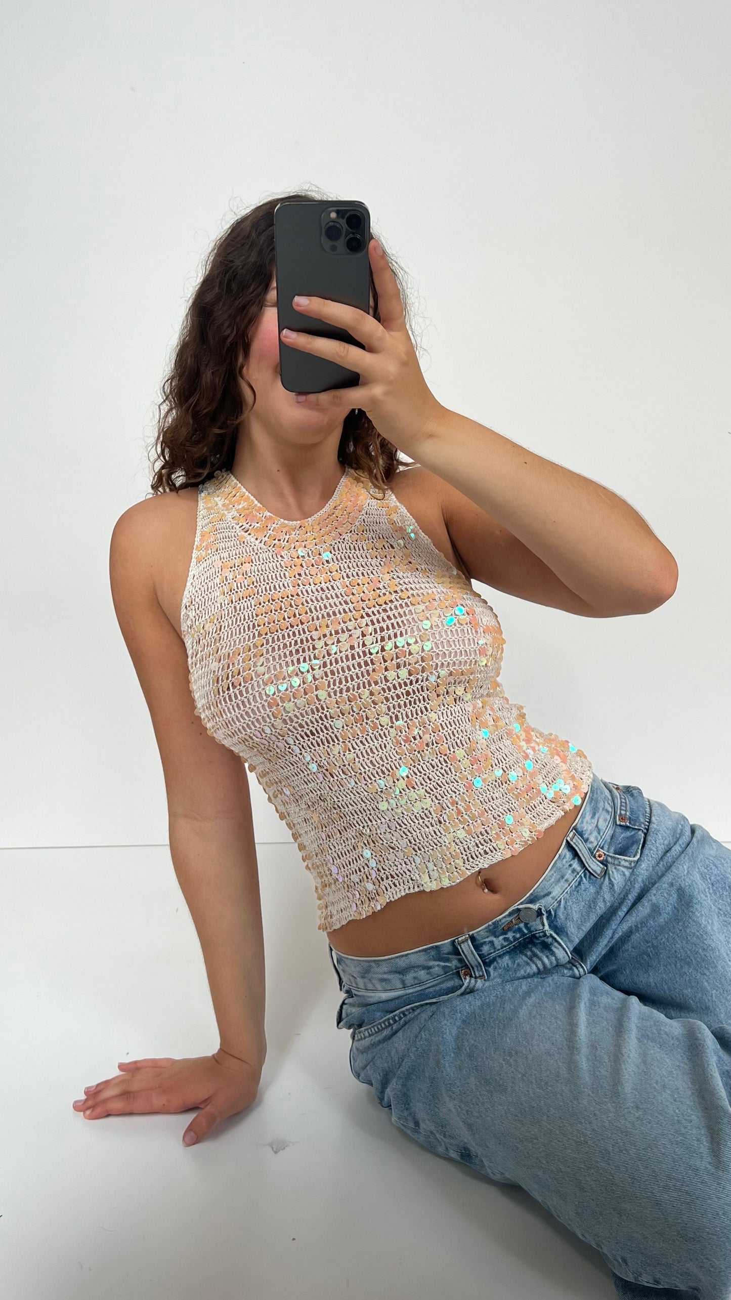 00s white crochet sequin cami- size M