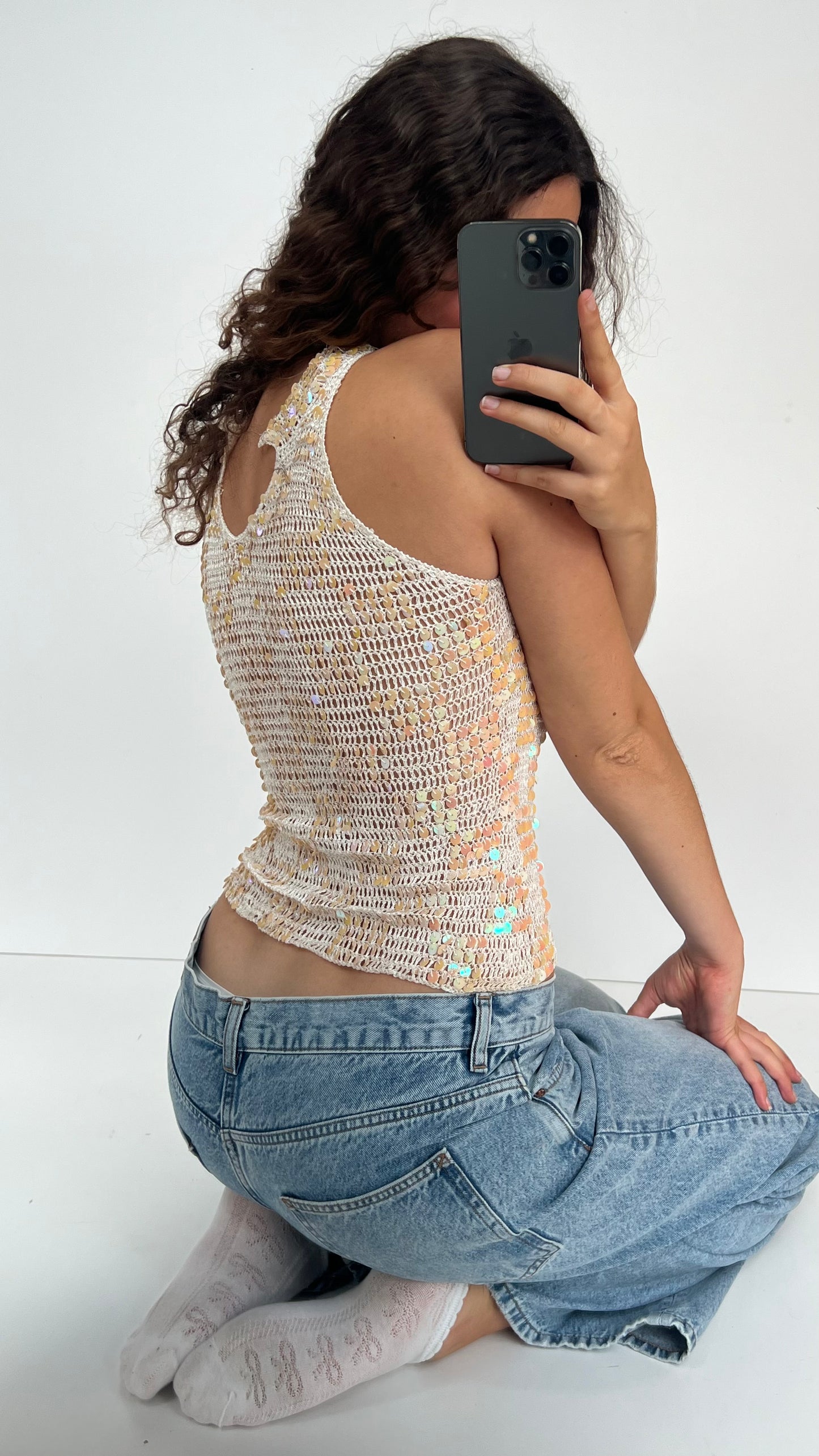 00s white crochet sequin cami- size M