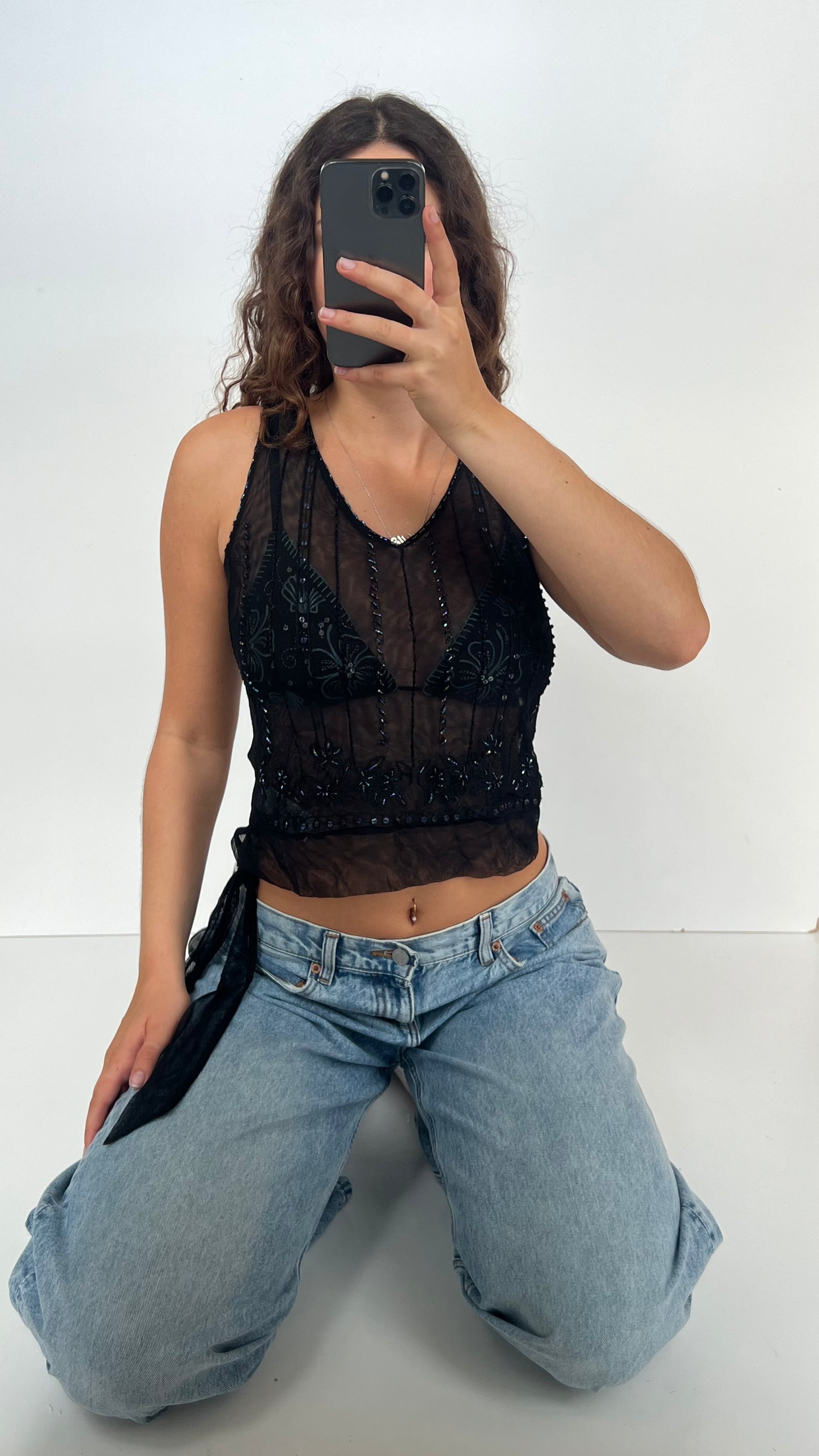 00s black mesh sequin top- size M