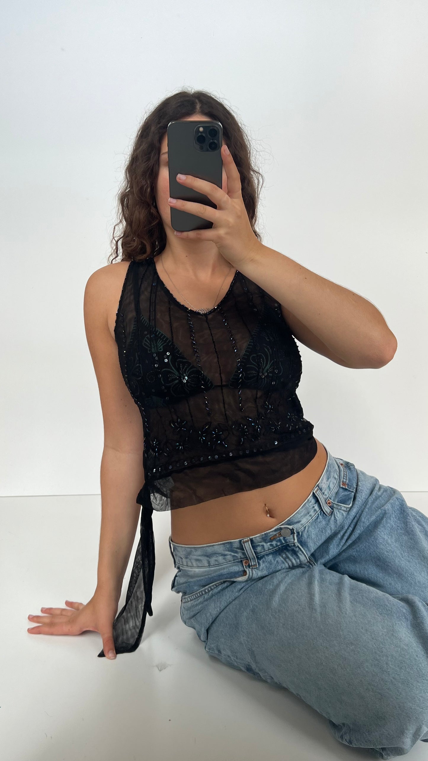 00s black mesh sequin top- size M