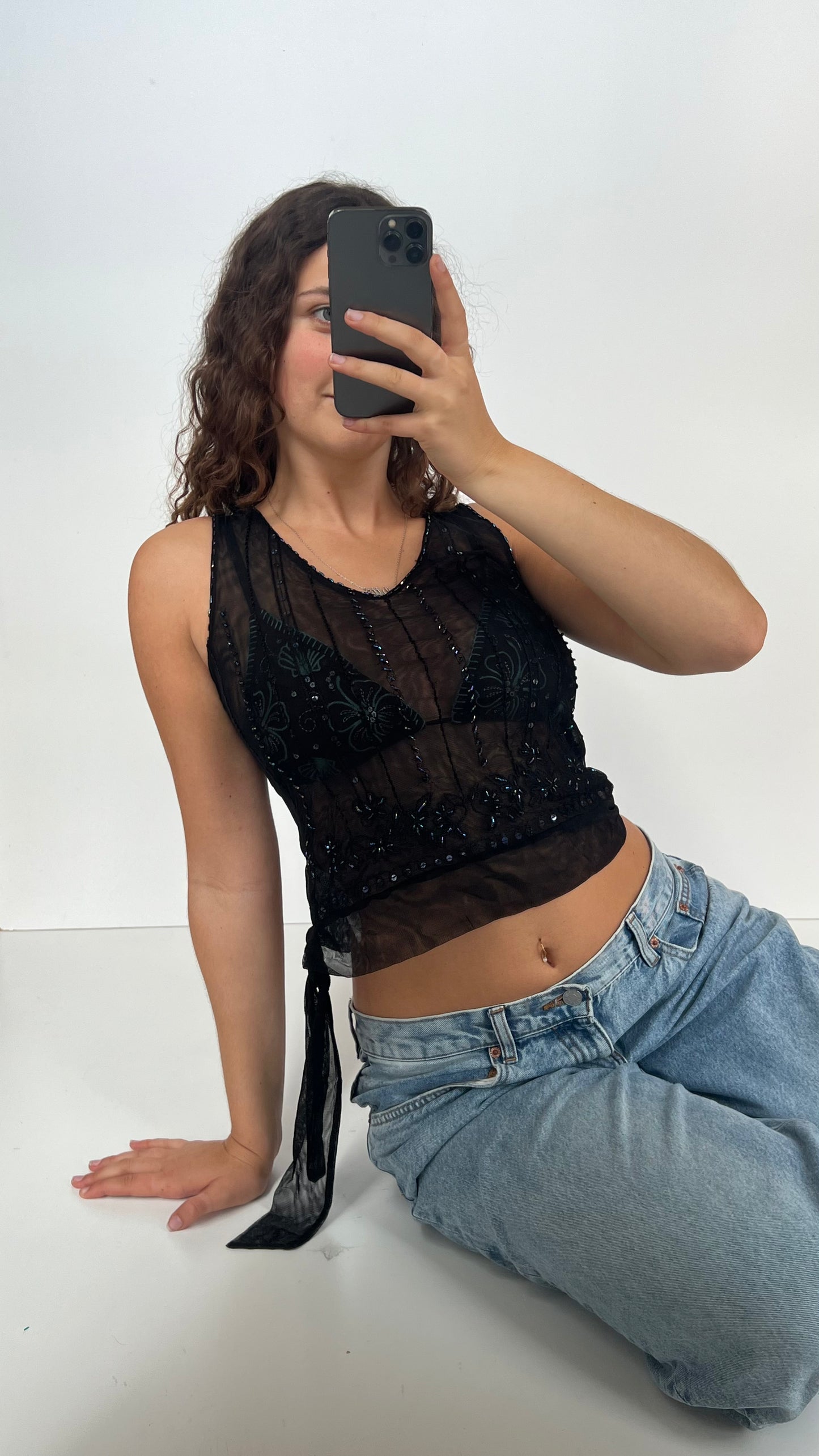 00s black mesh sequin top- size M