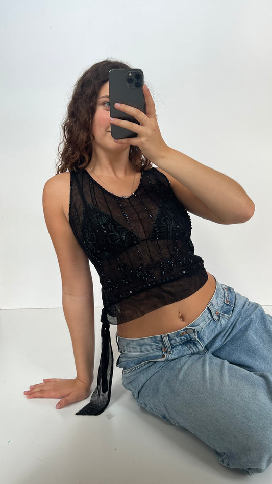 00s black mesh sequin top- size M