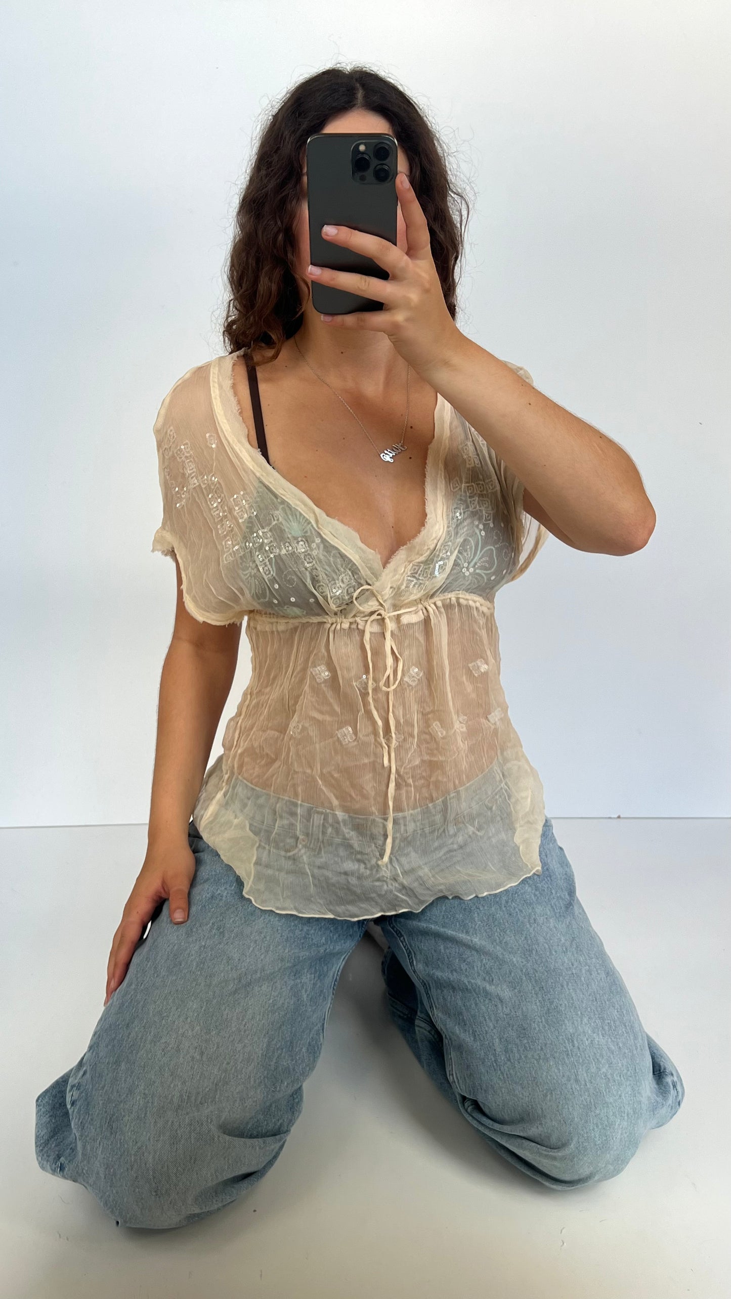 00s cream silk sequin top- size M