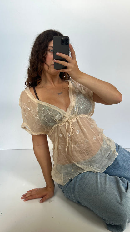 00s cream silk sequin top- size M