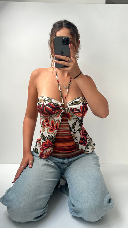 00s red floral mesh halter cami- size S
