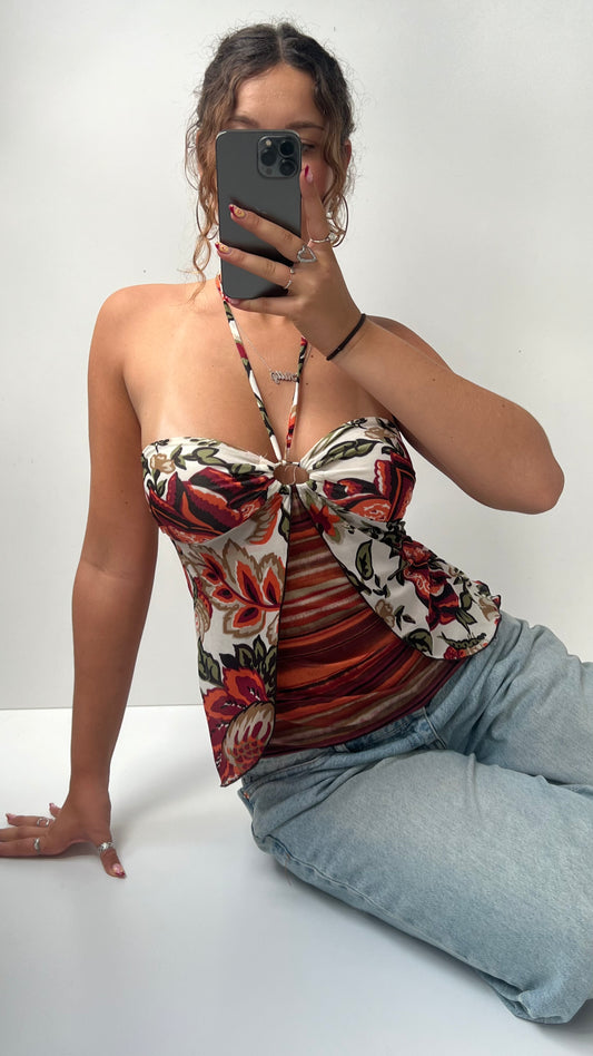 00s red floral mesh halter cami- size S