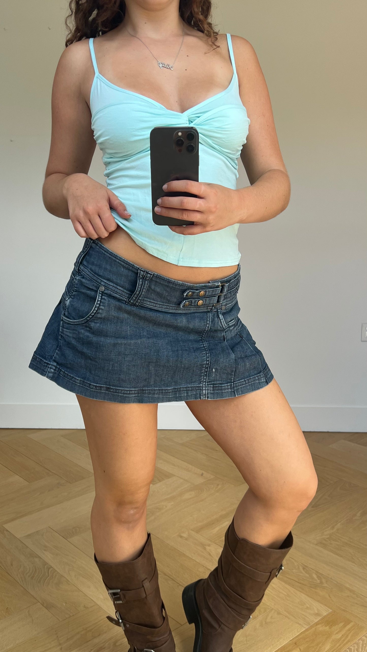 00s denim pleated mini skirt- size L