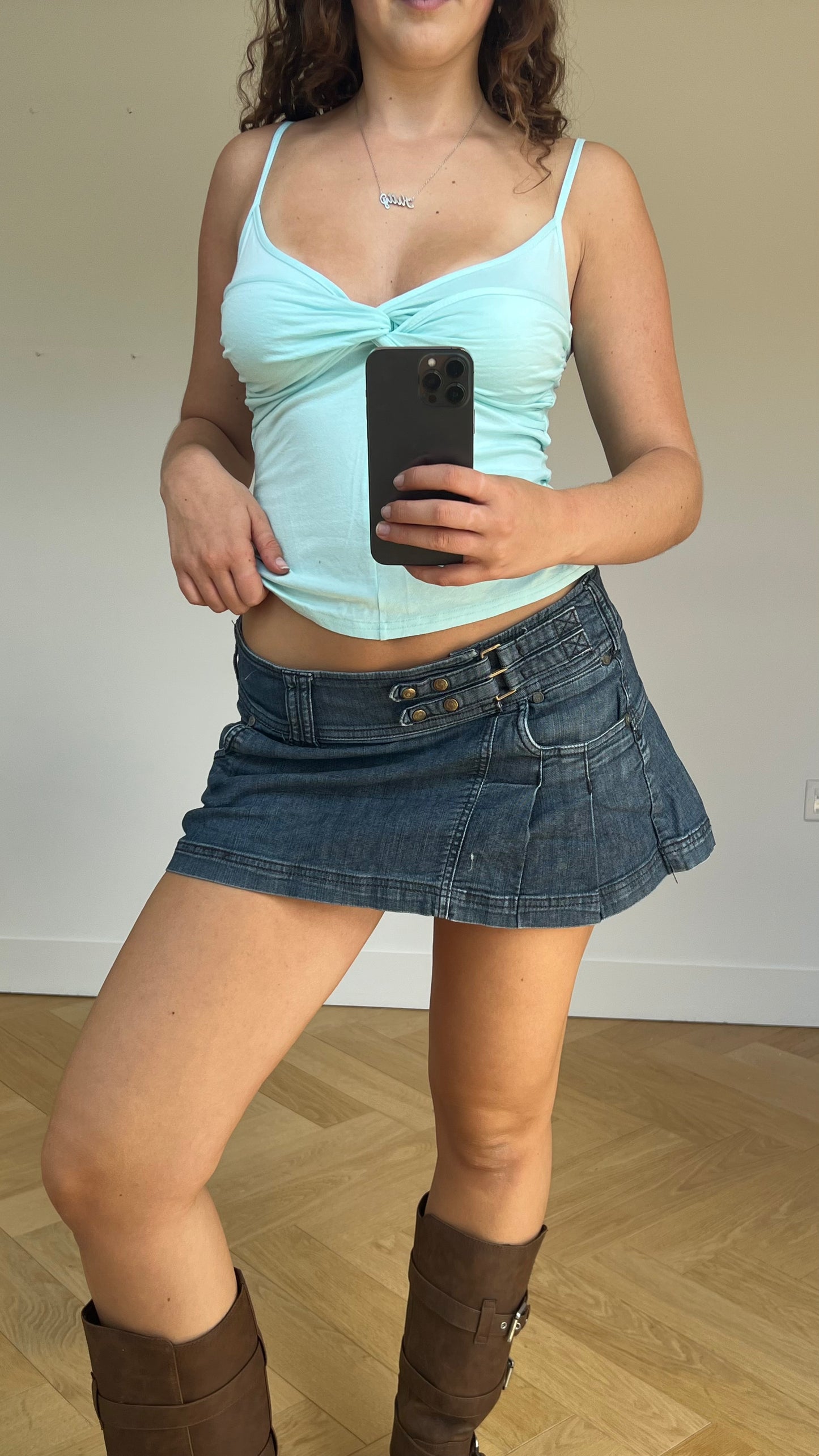 00s denim pleated mini skirt- size L