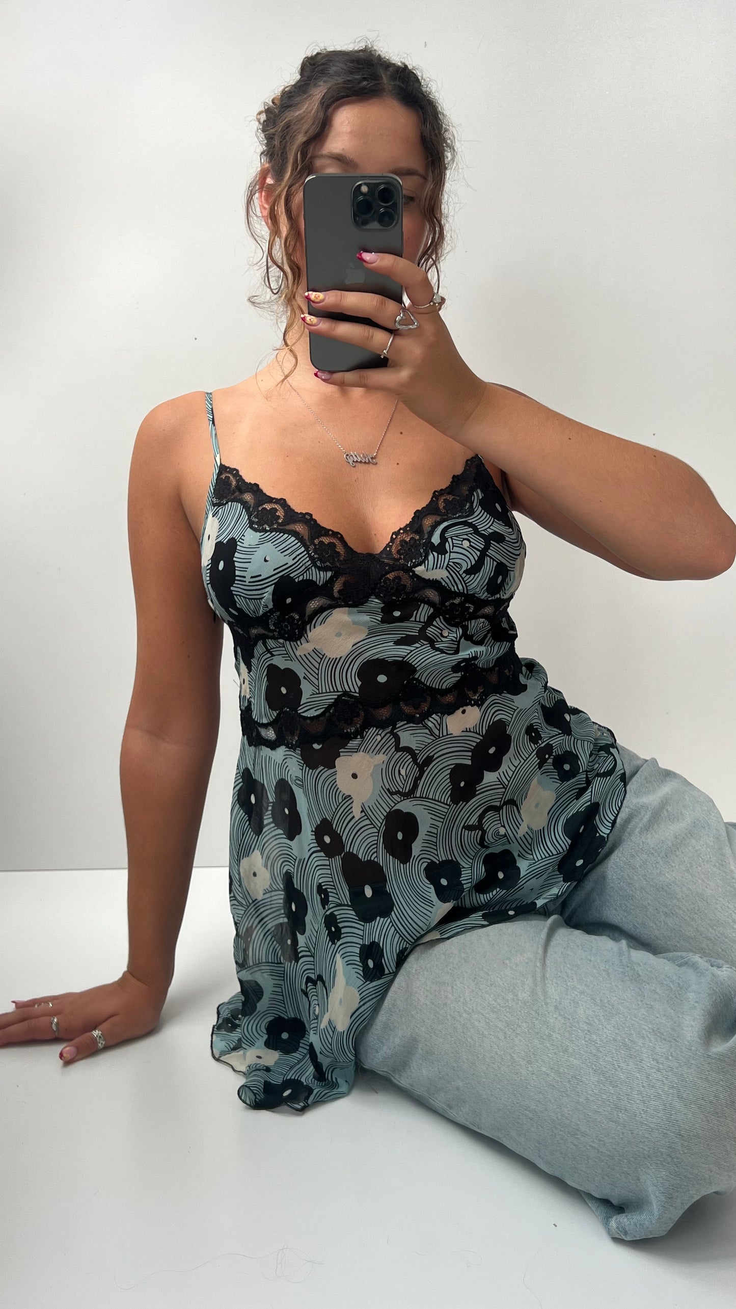 00s blue floral mesh cami- size M