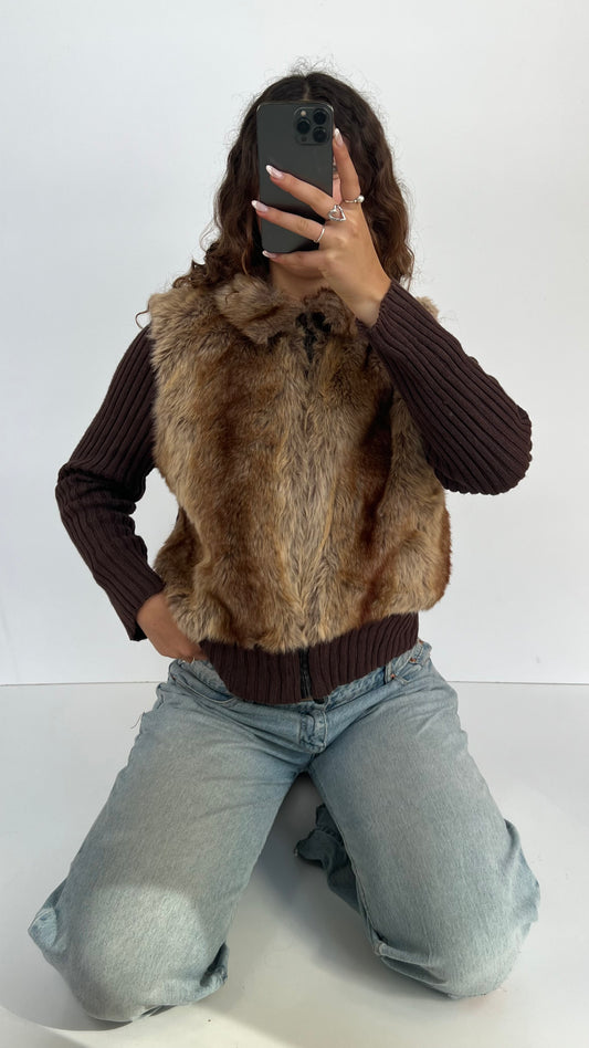 00s brown faux fur jacket- size L