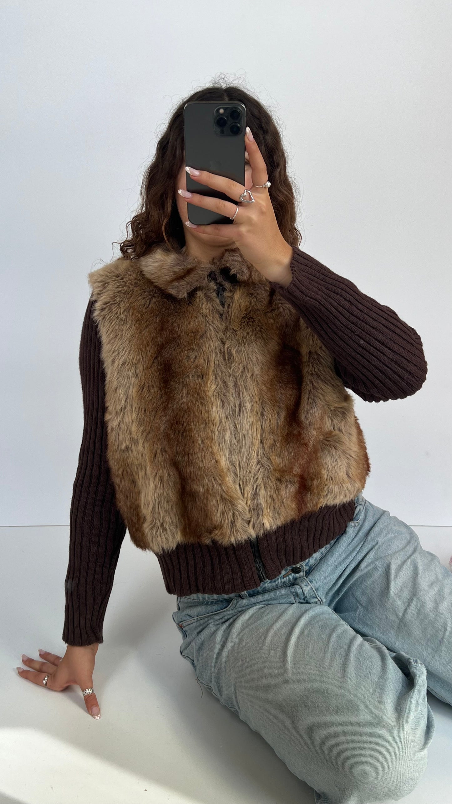 00s brown faux fur jacket- size L