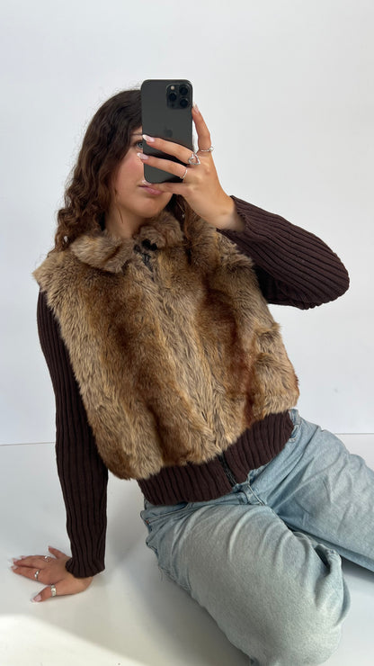 00s brown faux fur jacket- size L