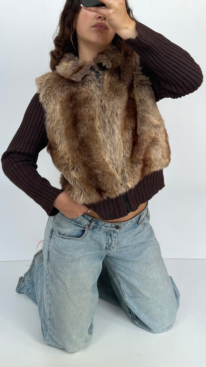00s brown faux fur jacket- size L