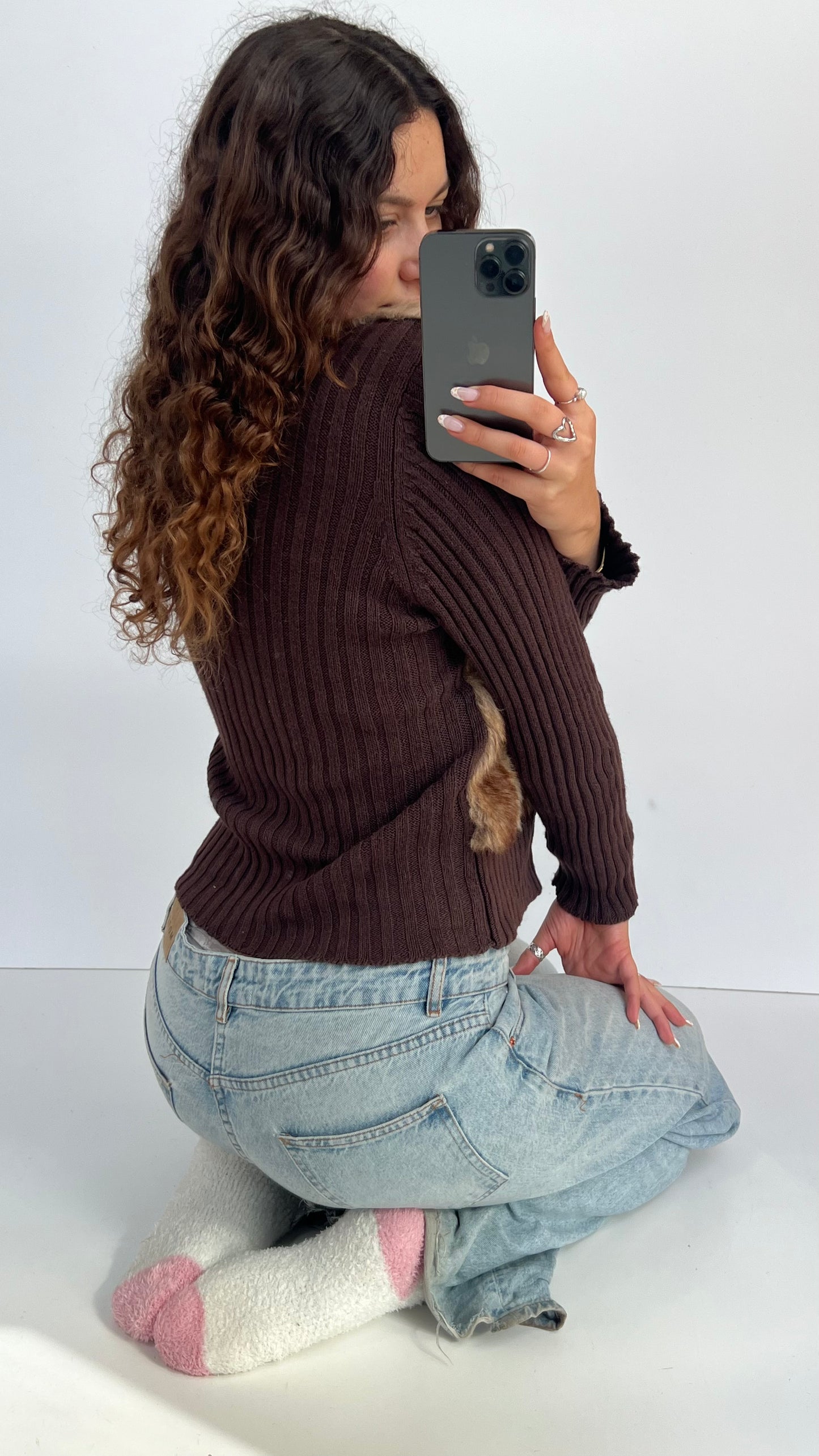 00s brown faux fur jacket- size L