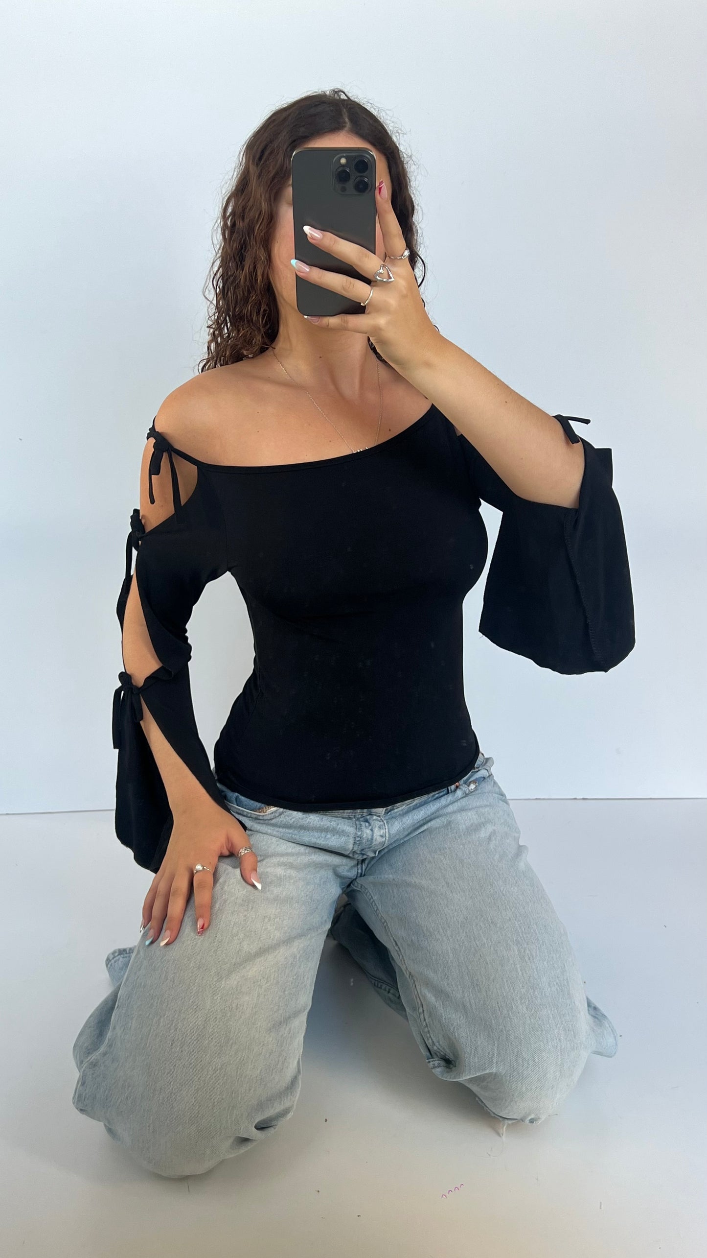 00s black bow cut out top- size M