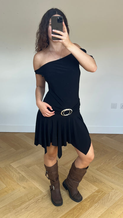 00s black asymmetric mini dress- size M