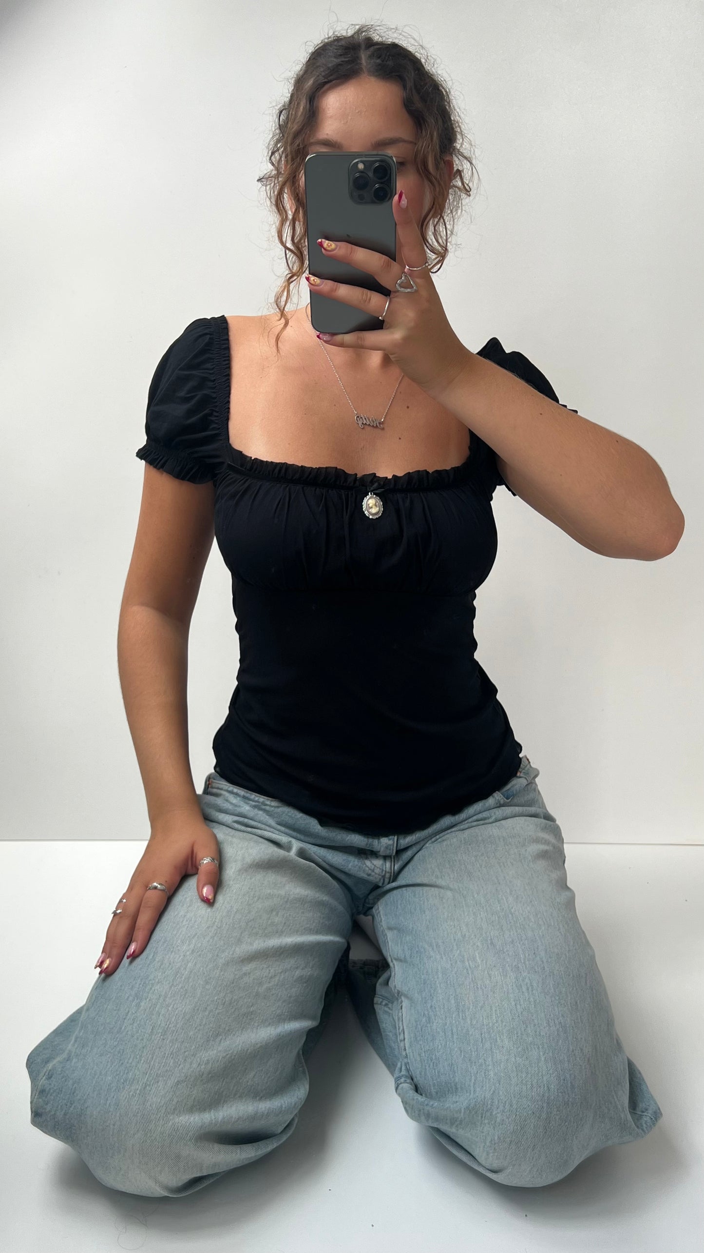 00s black mesh babydoll top- size S