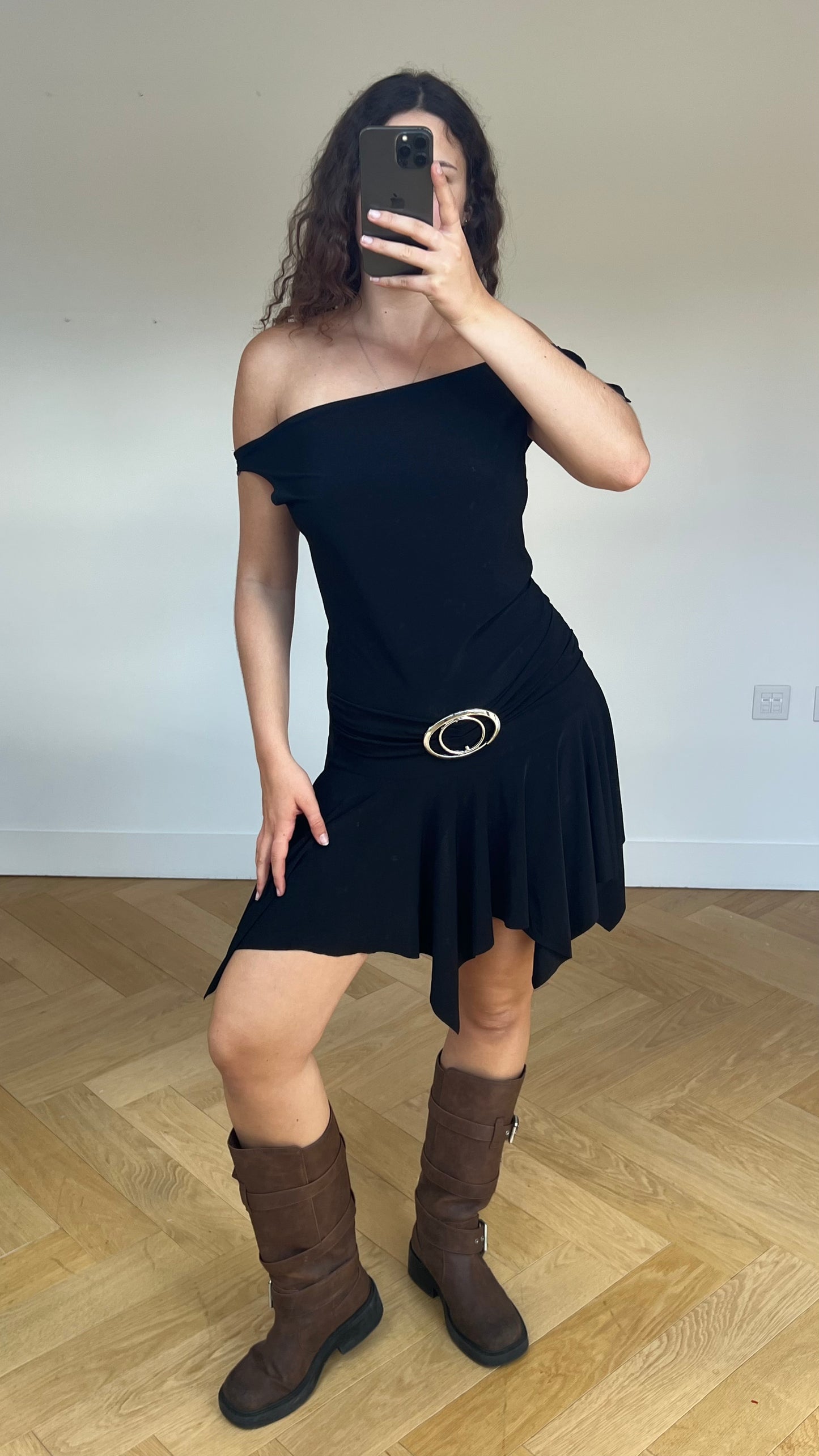 00s black asymmetric mini dress- size M