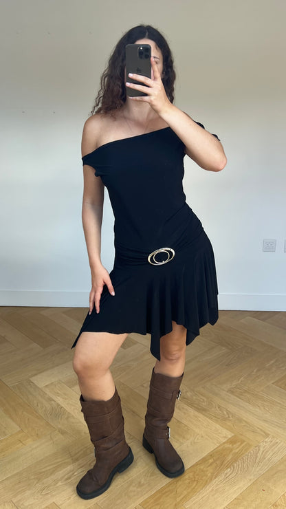 00s black asymmetric mini dress- size M