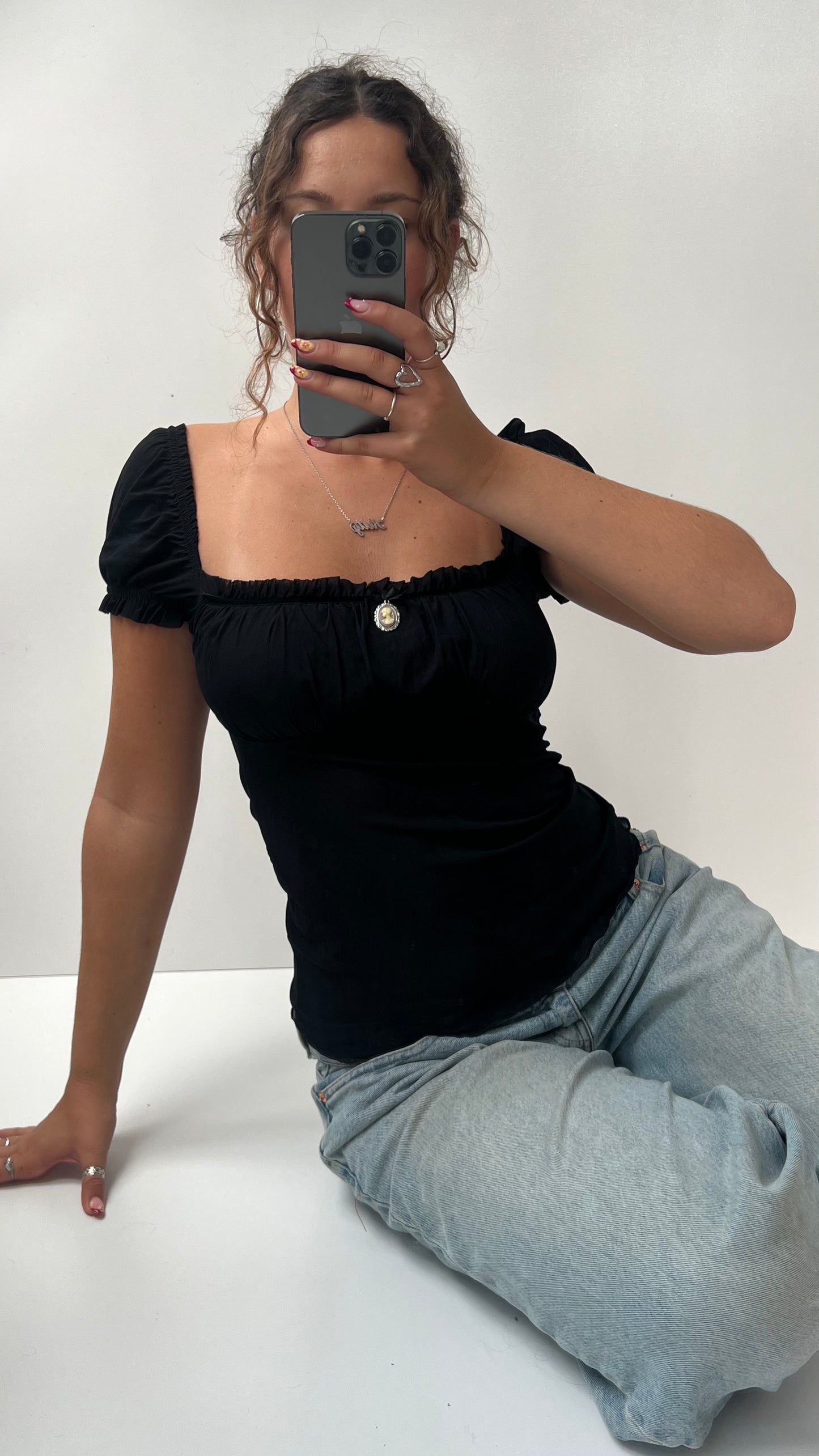00s black mesh babydoll top- size S