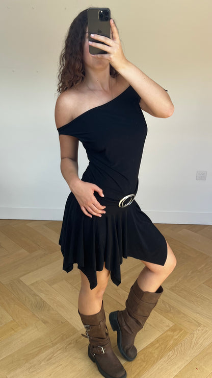 00s black asymmetric mini dress- size M