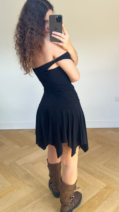 00s black asymmetric mini dress- size M
