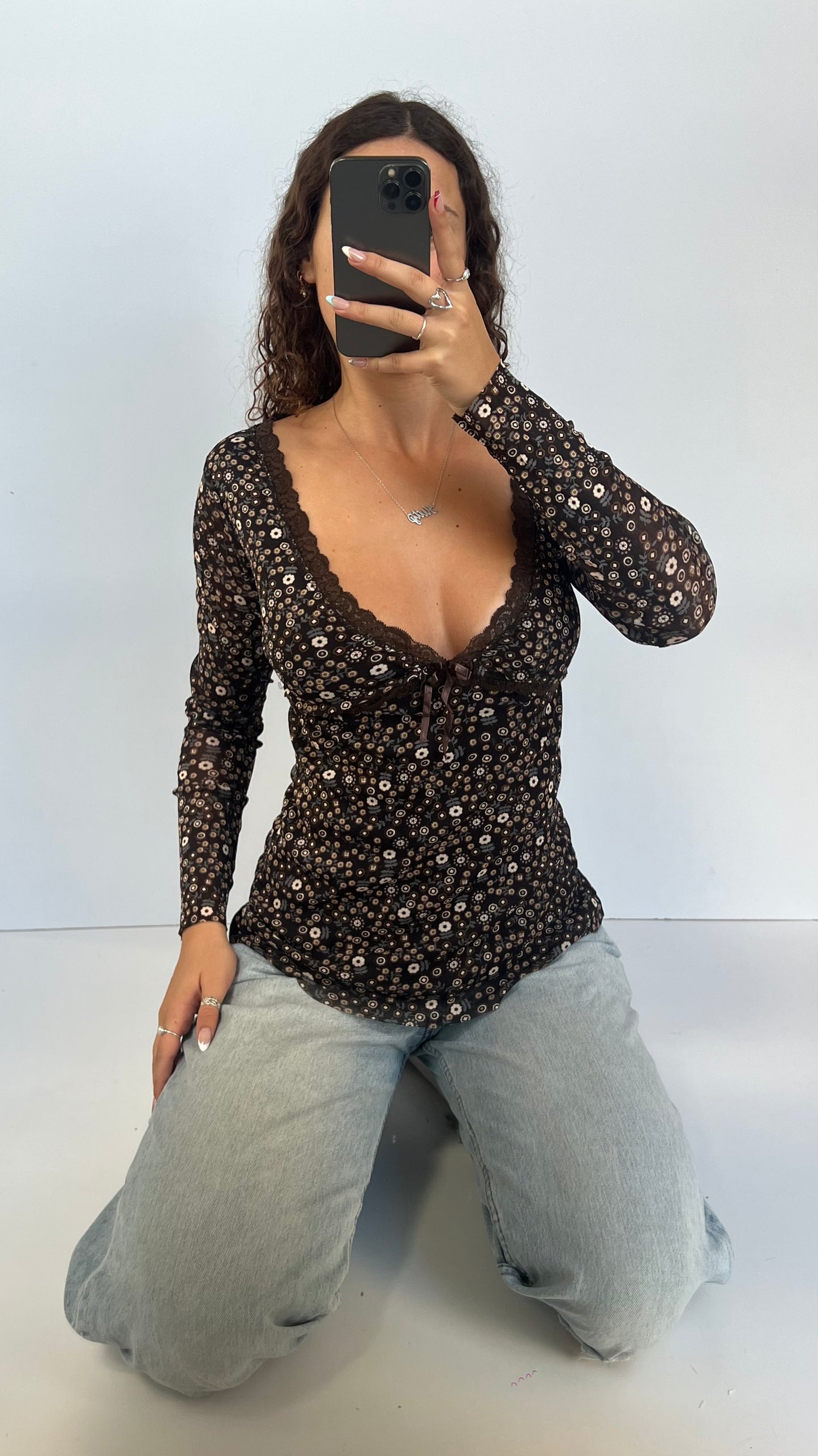 00s brown floral mesh top- size M