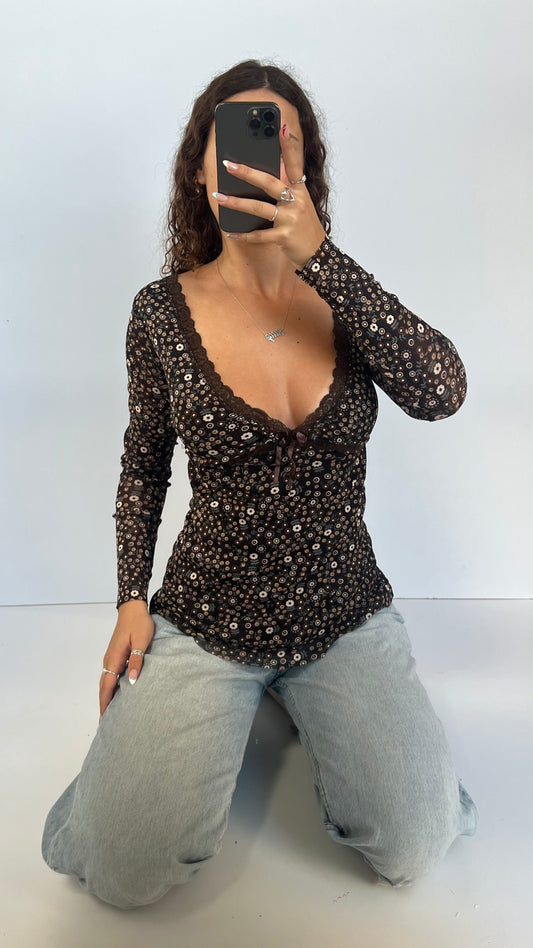 00s brown floral mesh top- size M