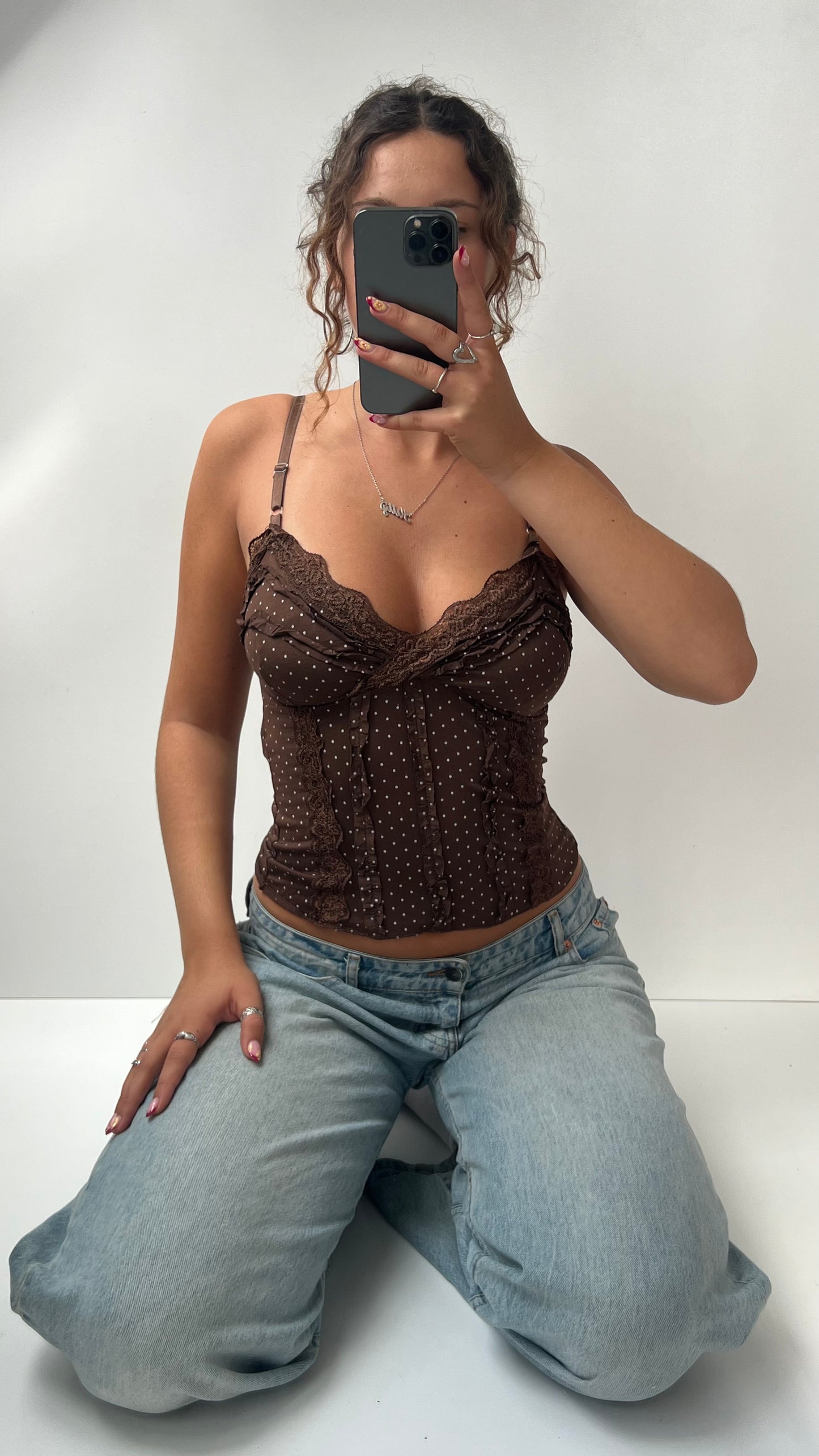00s brown polka dot lace cami- size S