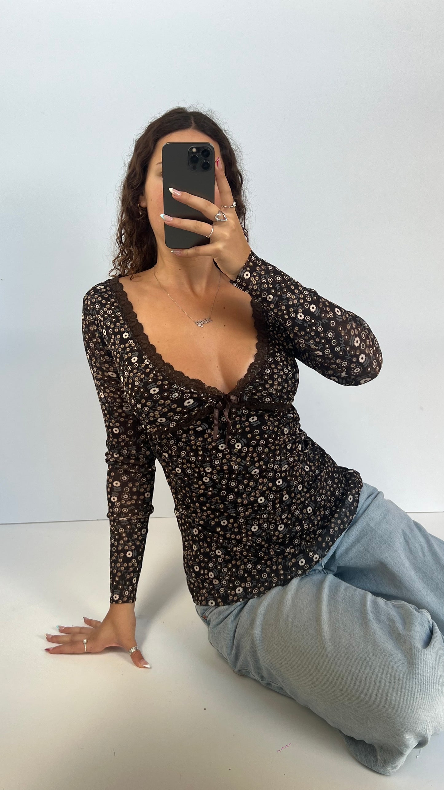 00s brown floral mesh top- size M