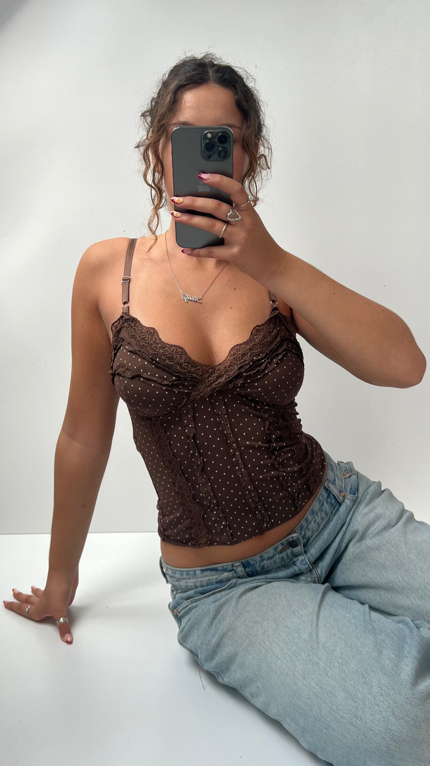 00s brown polka dot lace cami- size S