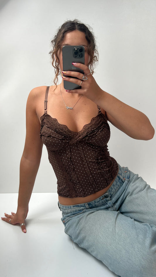 00s brown polka dot lace cami- size S