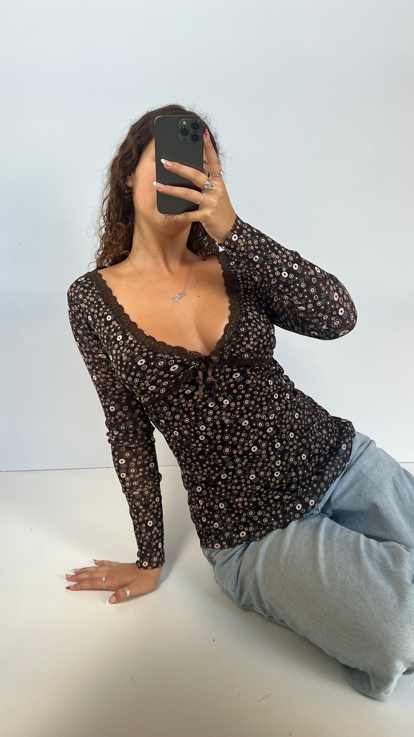 00s brown floral mesh top- size M