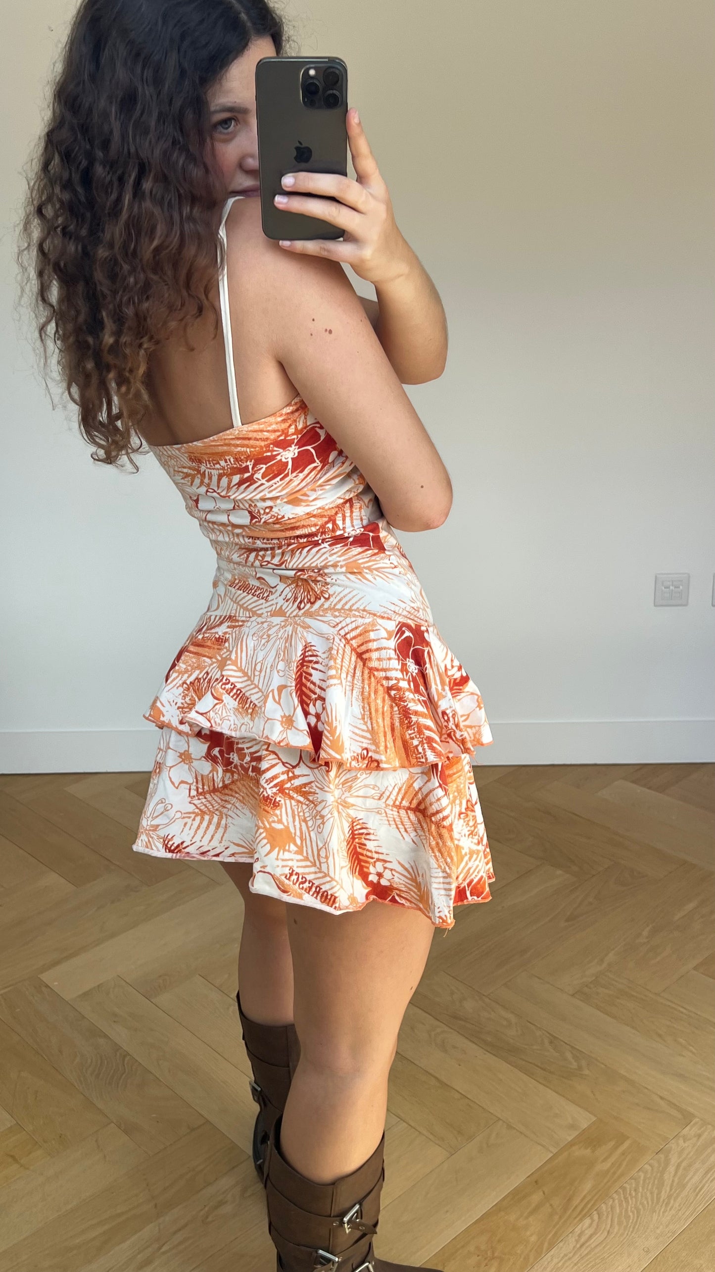 00s orange floral mini dress- size S