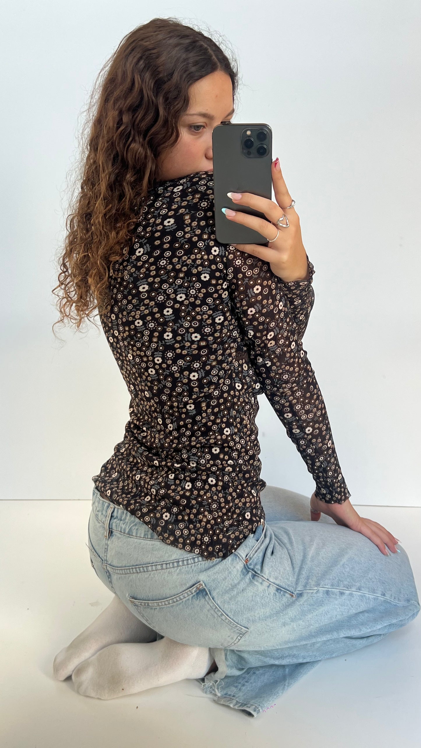 00s brown floral mesh top- size M