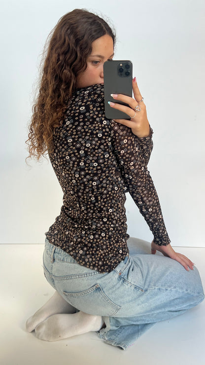 00s brown floral mesh top- size M